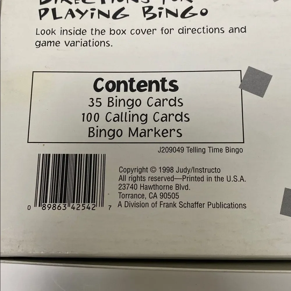 Vintage 1998 Bingo Telling Time Game Judy/Instructo Learning Clock Bingo Ages 5+